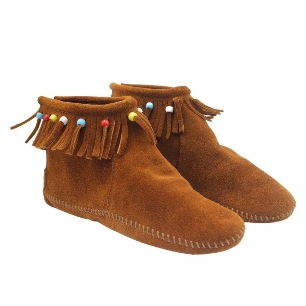 Minnetonka Brown Suede Leather Beaded Fringe Ankle Driving Moccasins Size 8